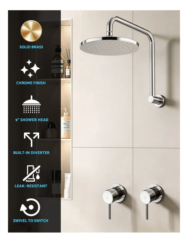 Cefito 9'' Rain Overhead Swivel Shower Head with Wall Twin Swivel Bathroom Tap Silver image 5