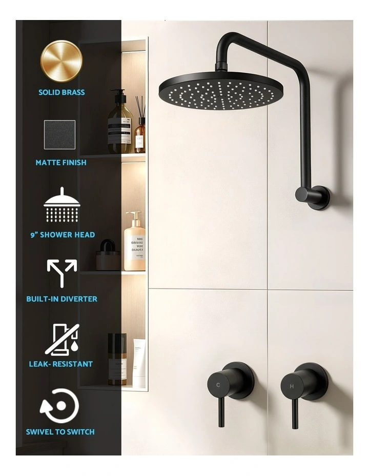 Cefito 9'' Rain Overhead Swivel Shower Head with Wall Twin Swivel Bathroom Tap image 5