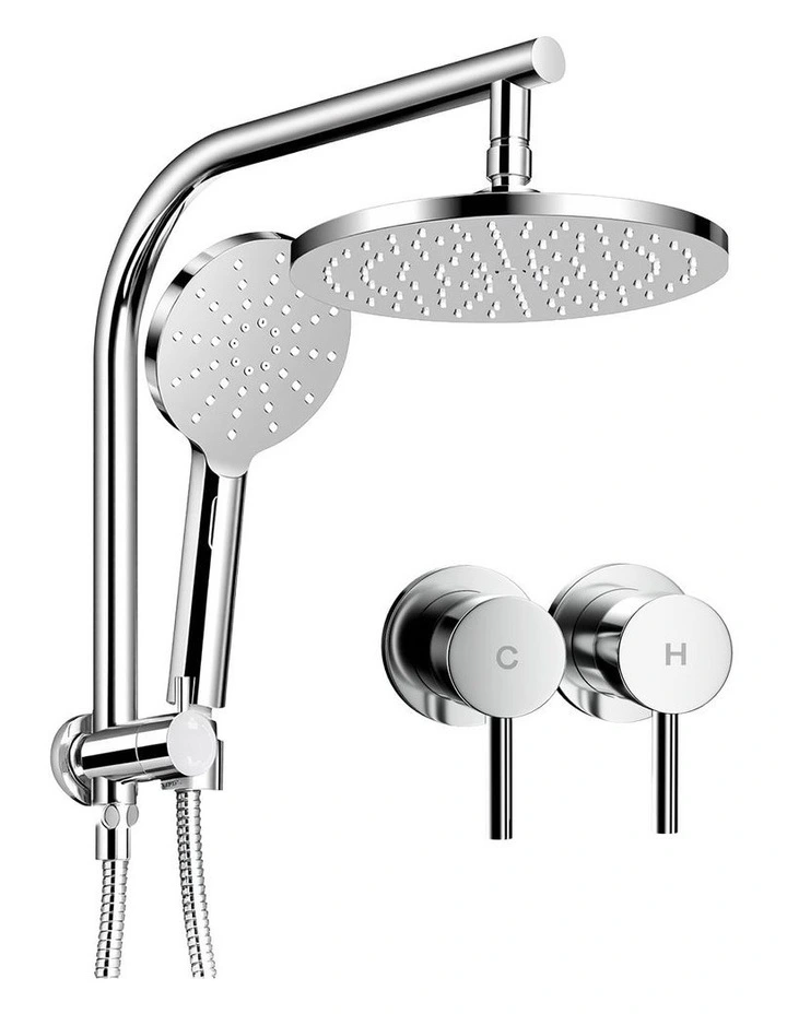 Handheld Round High Pressure Twins TapChrome Rain Shower Head Set 9'' in Silver image 1
