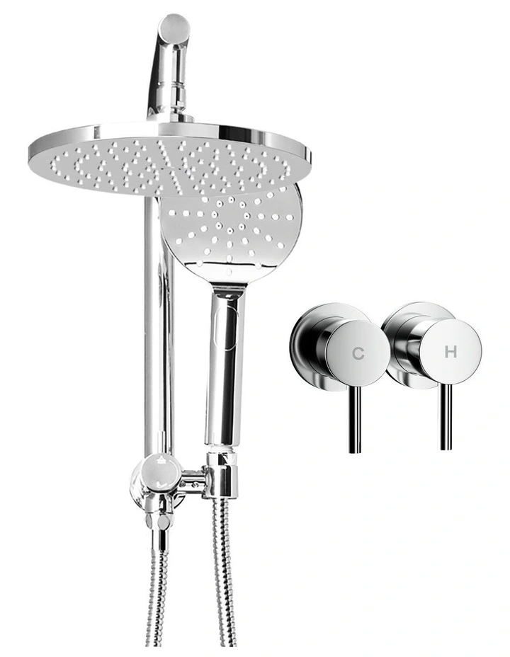 Handheld Round High Pressure Twins TapChrome Rain Shower Head Set 9'' in Silver image 2