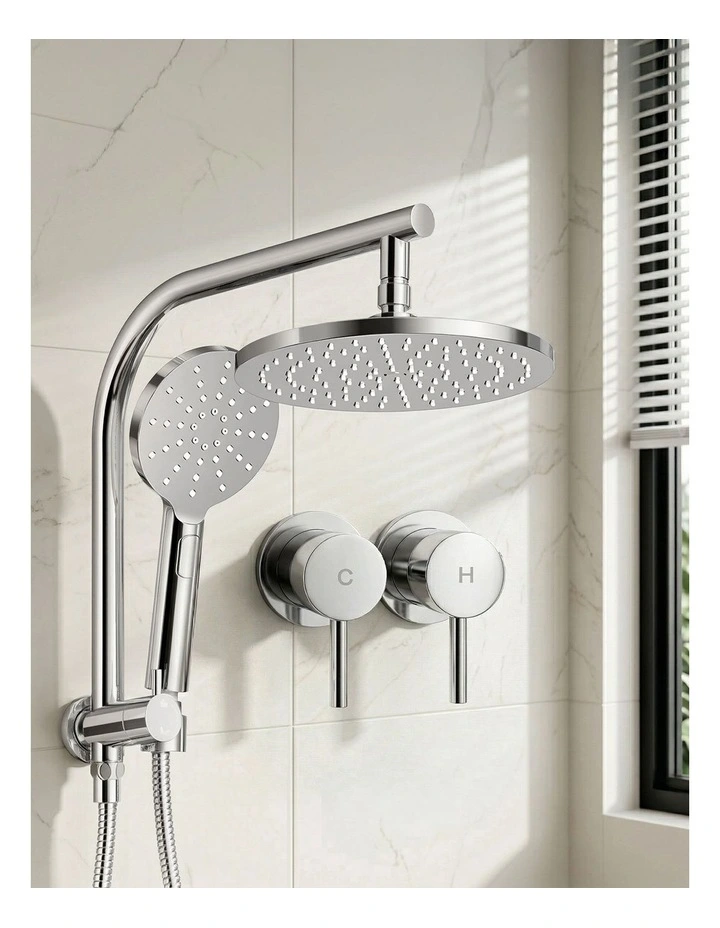 Handheld Round High Pressure Twins TapChrome Rain Shower Head Set 9'' in Silver image 3