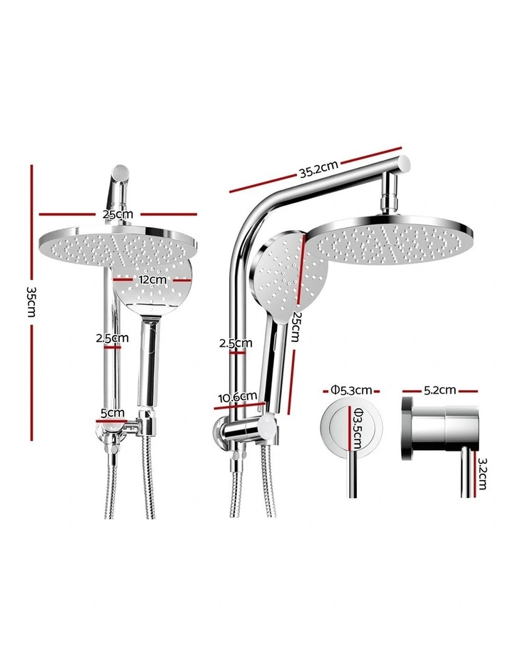 Handheld Round High Pressure Twins TapChrome Rain Shower Head Set 9'' in Silver image 4