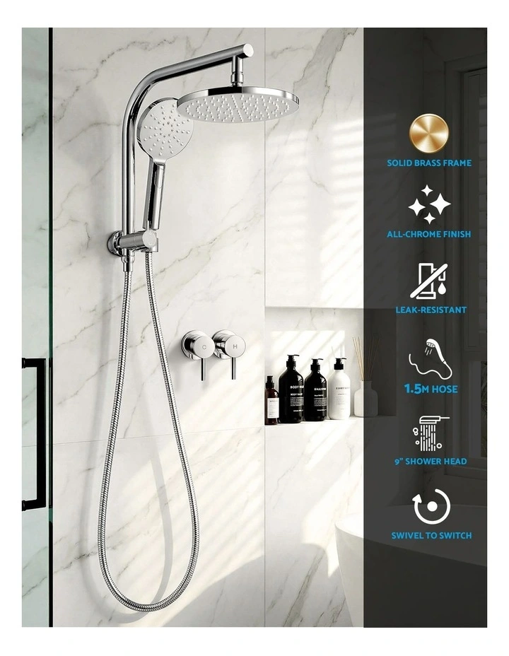 Handheld Round High Pressure Twins TapChrome Rain Shower Head Set 9'' in Silver image 5
