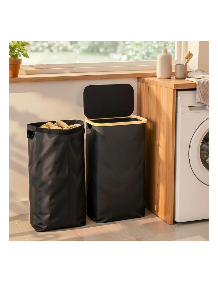 Laundry Basket With Removable Bag Foldable 60L in Black image 3