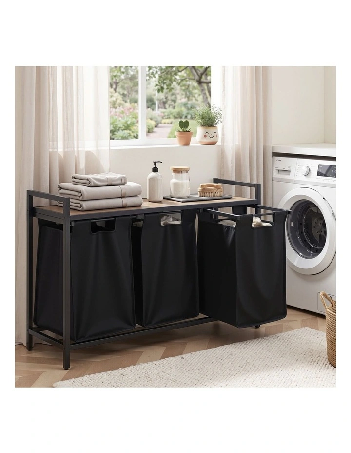 Metal Frame With 3 Pull-out Bags Laundry Basket in Black image 4