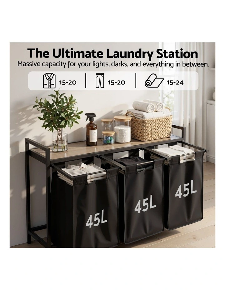 Metal Frame With 3 Pull-out Bags Laundry Basket in Black image 6