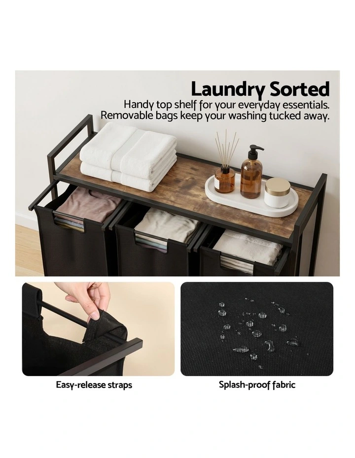 Metal Frame With 3 Pull-out Bags Laundry Basket in Black image 7