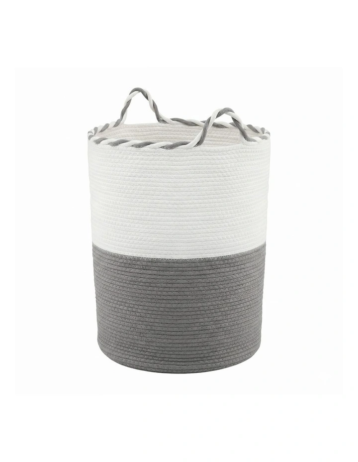 Foldable with Handle Woven Laundry Basket in White and Grey image 1
