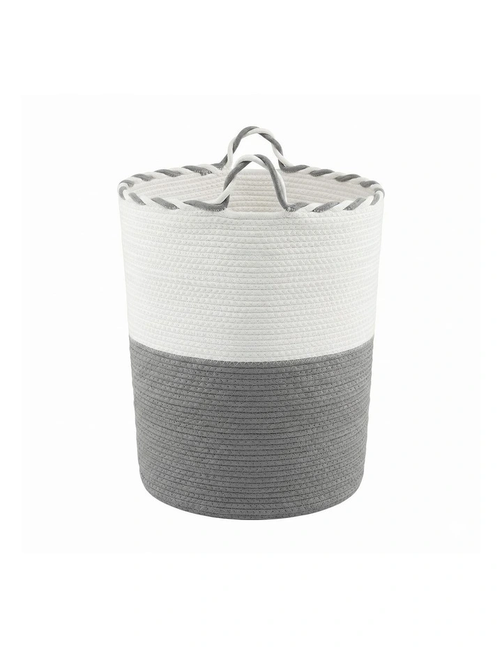 Foldable with Handle Woven Laundry Basket in White and Grey image 2