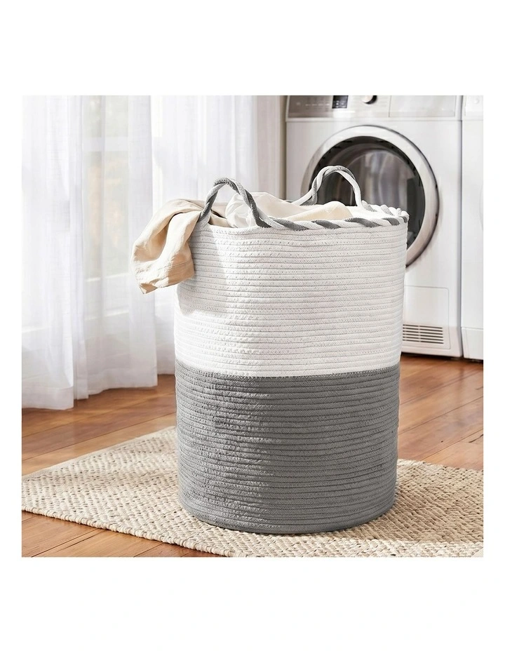 Foldable with Handle Woven Laundry Basket in White and Grey image 3