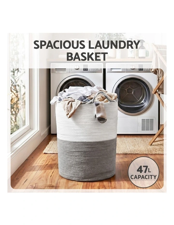 Foldable with Handle Woven Laundry Basket in White and Grey image 5