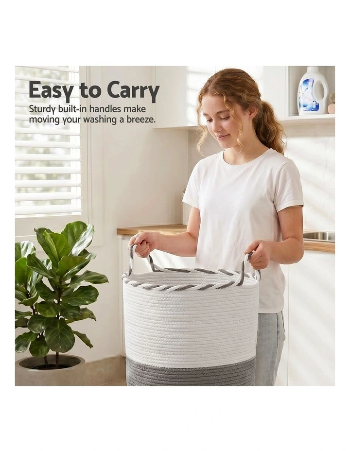 Foldable with Handle Woven Laundry Basket in White and Grey image 6