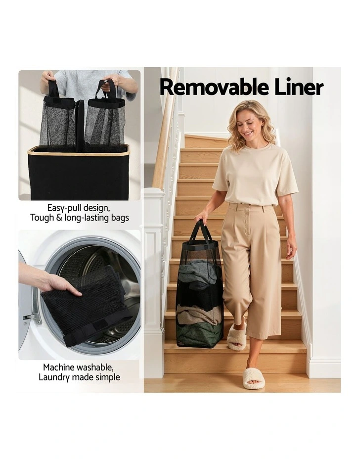 Removable Bags 2 Sections Foldable Laundry Basket 150L in Black image 6