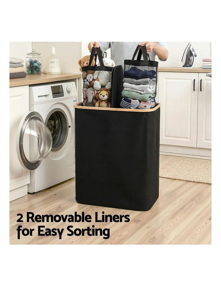 Removable Bags 2 Sections Foldable Laundry Basket 150L in Black image 7