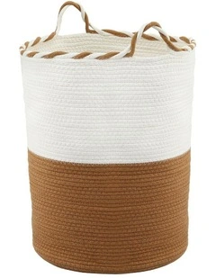 Woven Handles Foldable Laundry Basket in White and Brown