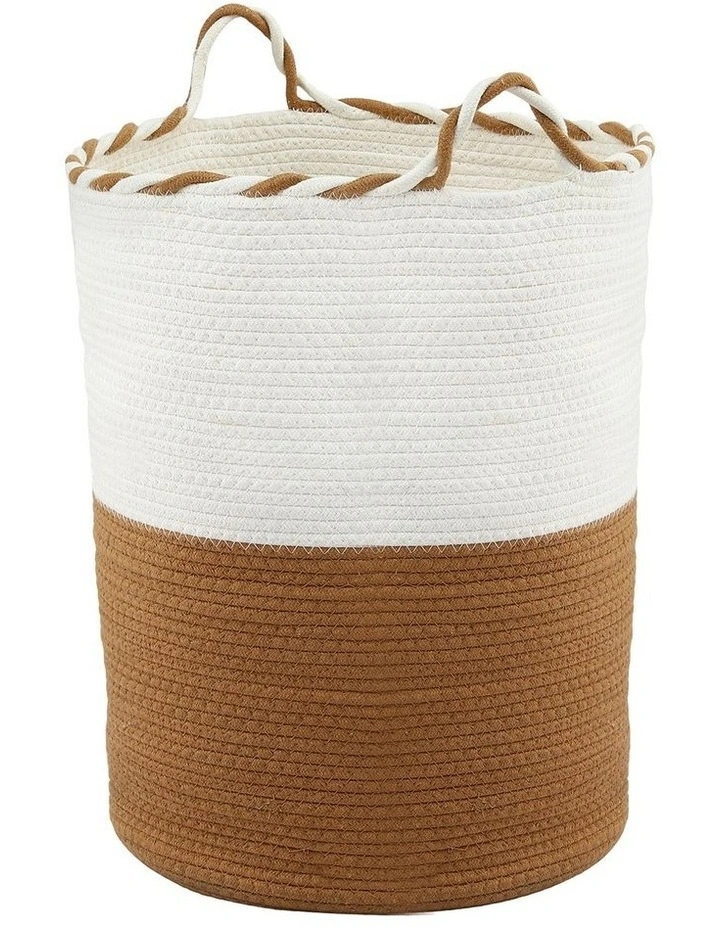 Woven Handles Foldable Laundry Basket in White and Brown image 1