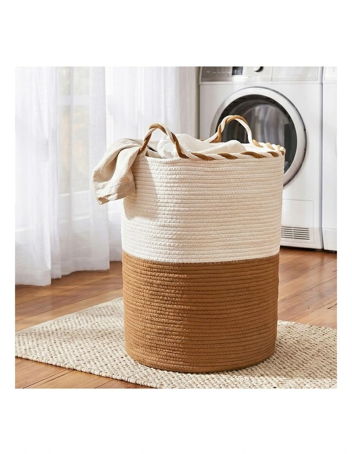 Woven Handles Foldable Laundry Basket in White and Brown image 3