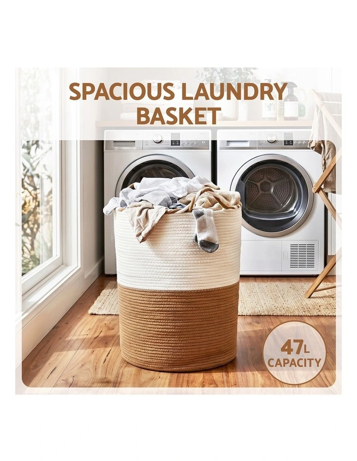Woven Handles Foldable Laundry Basket in White and Brown image 5
