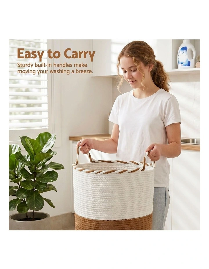Woven Handles Foldable Laundry Basket in White and Brown image 6
