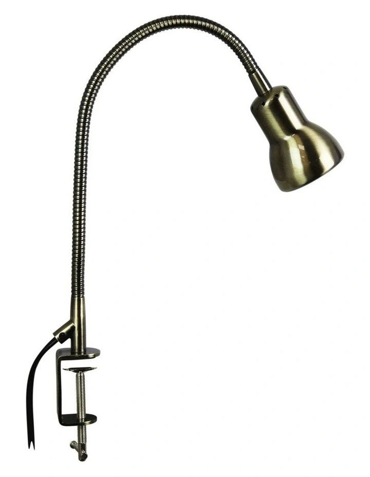 Antique Brass Adjustable Goose-Neck Scope Clamp Table Lamp in Gold image 1