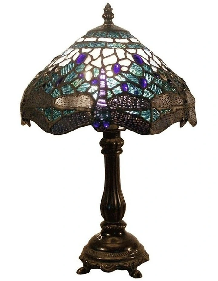 Rose and Dragonfly Tiffany Table Lamp in Blue image 1