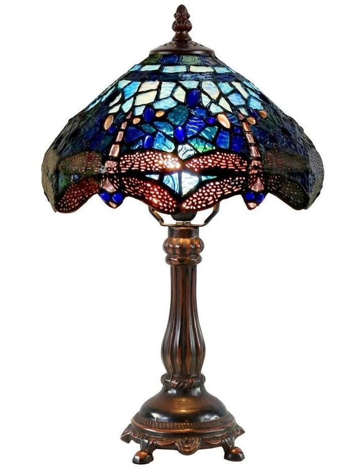Rose and Dragonfly Tiffany Table Lamp in Blue image 2