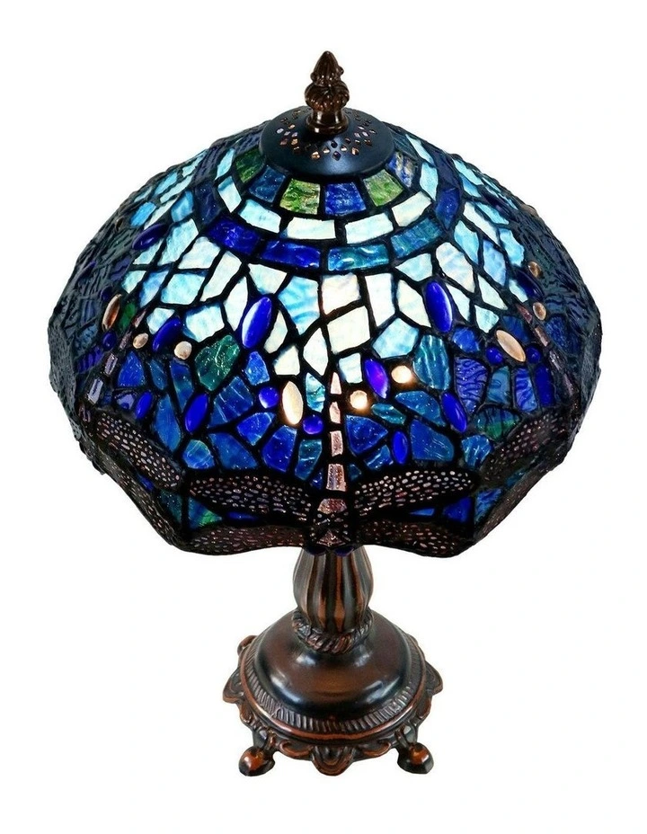 Rose and Dragonfly Tiffany Table Lamp in Blue image 3