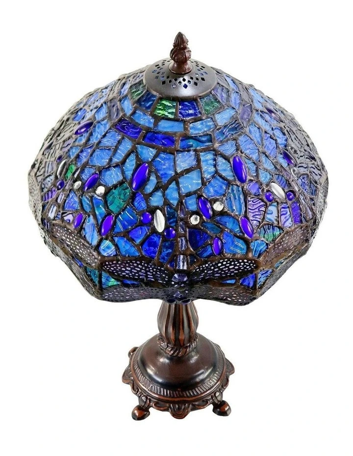 Rose and Dragonfly Tiffany Table Lamp in Blue image 4