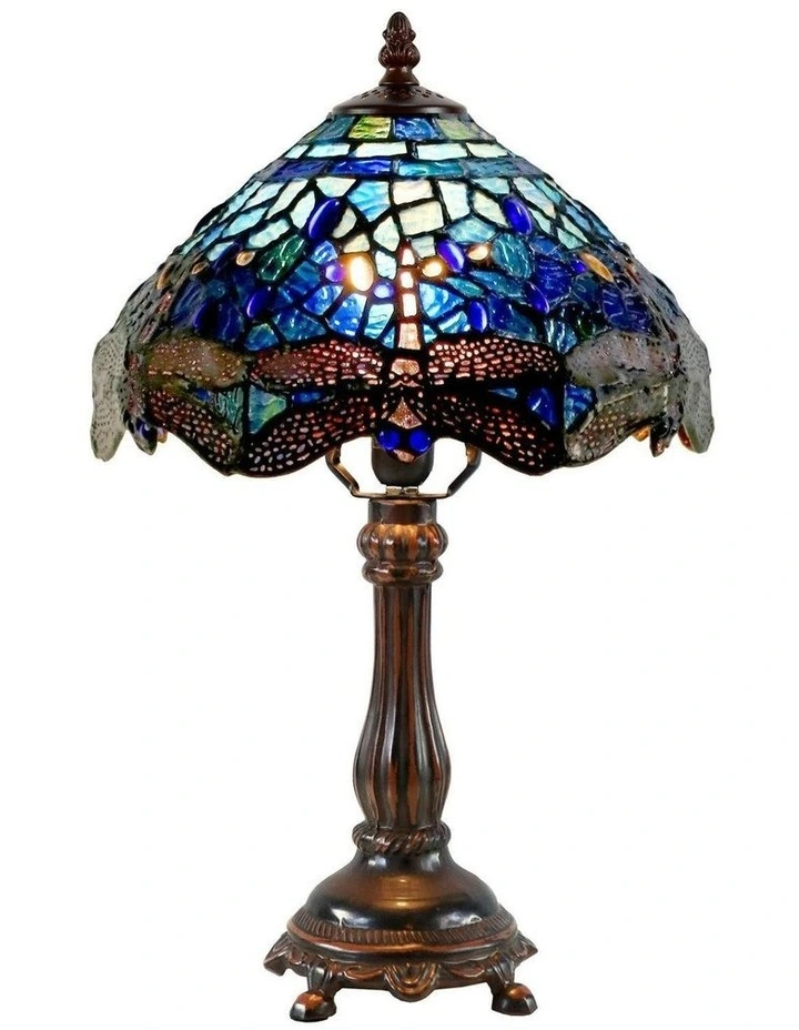 Rose and Dragonfly Tiffany Table Lamp in Blue image 6