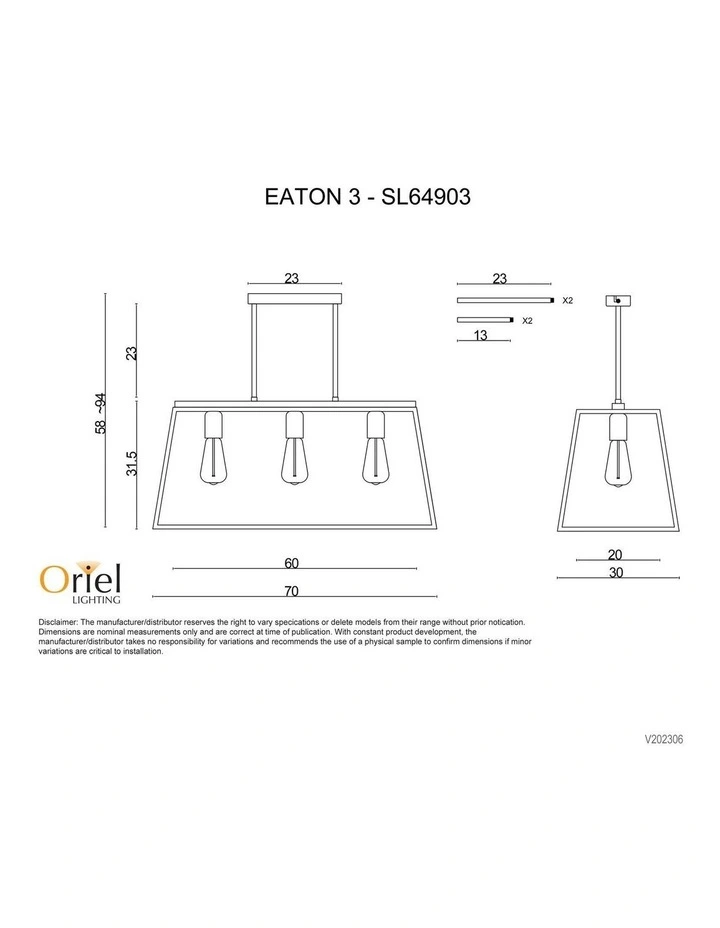 Eaton 70cm 3 Light Pendant Light in Black image 3