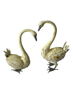 Garden Ornament Swan Couple Decor Set of 2 in White