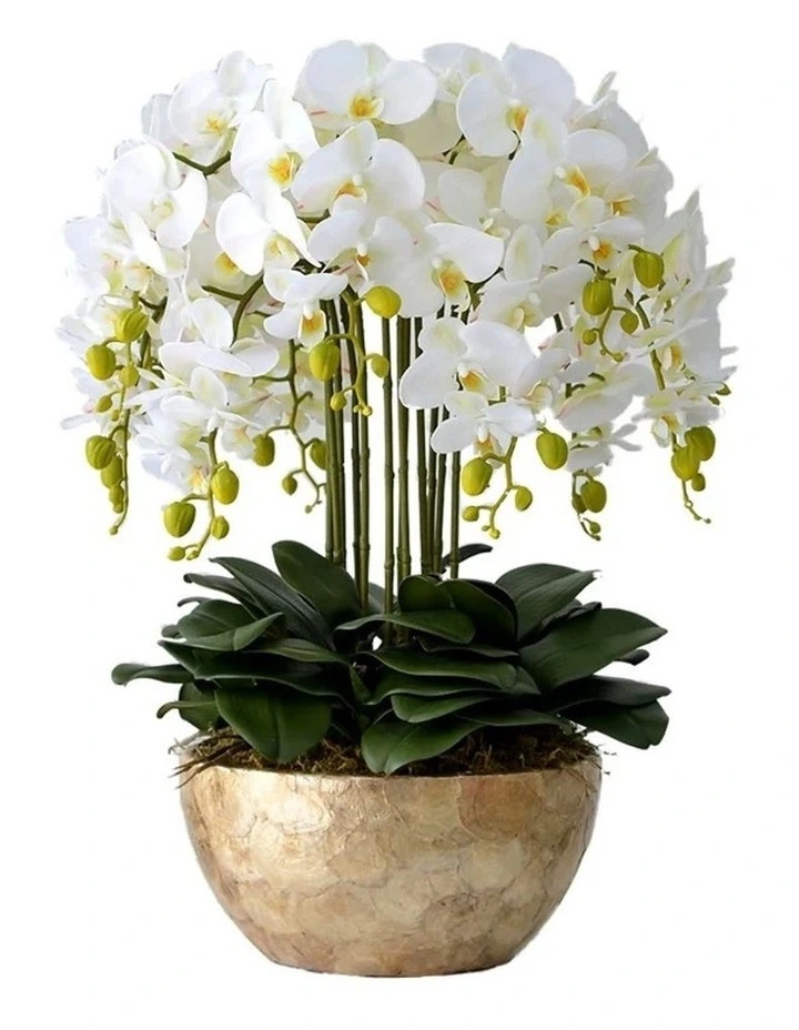 Bespoke Luxury Floral Design Gold Shell-Finish Planter with 18 Stem Real Touch Orchid Arrangement image 1