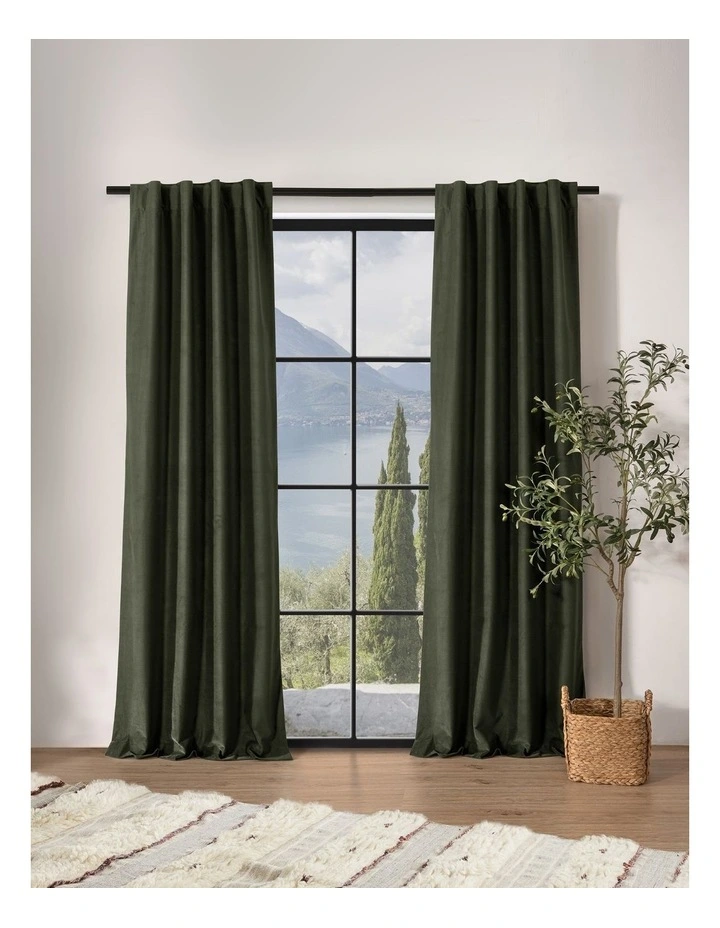 Byron Matte Velvet 100% Blockout Concealed Tab Top Curtains Pack of 2 in Olive image 1