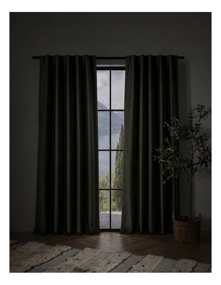 Byron Matte Velvet 100% Blockout Concealed Tab Top Curtains Pack of 2 in Olive image 2