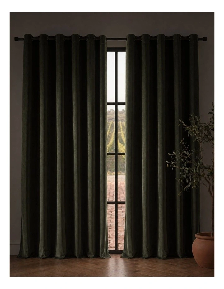 Byron Matte Velvet 100% Blockout Eyelet Curtains Pack of 2 in Olive image 2