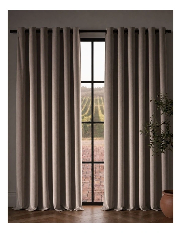 Byron Matte Velvet 100% Blockout Eyelet Curtains Pack of 2 in Oat image 2