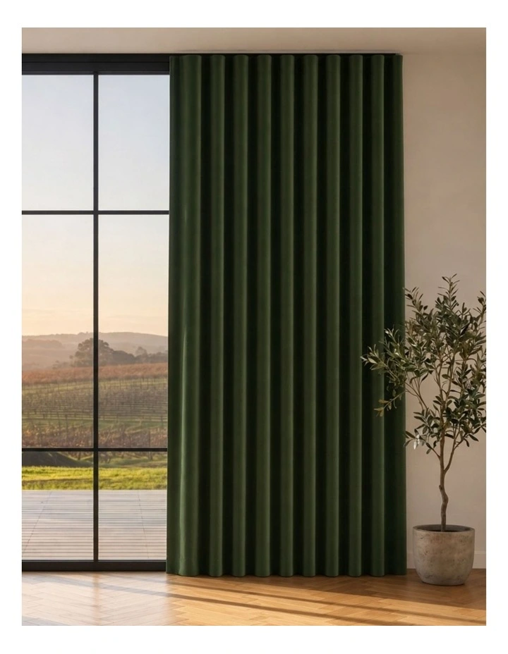 Byron Matte Velvet 100% Blockout S-Fold Curtain in Olive image 1