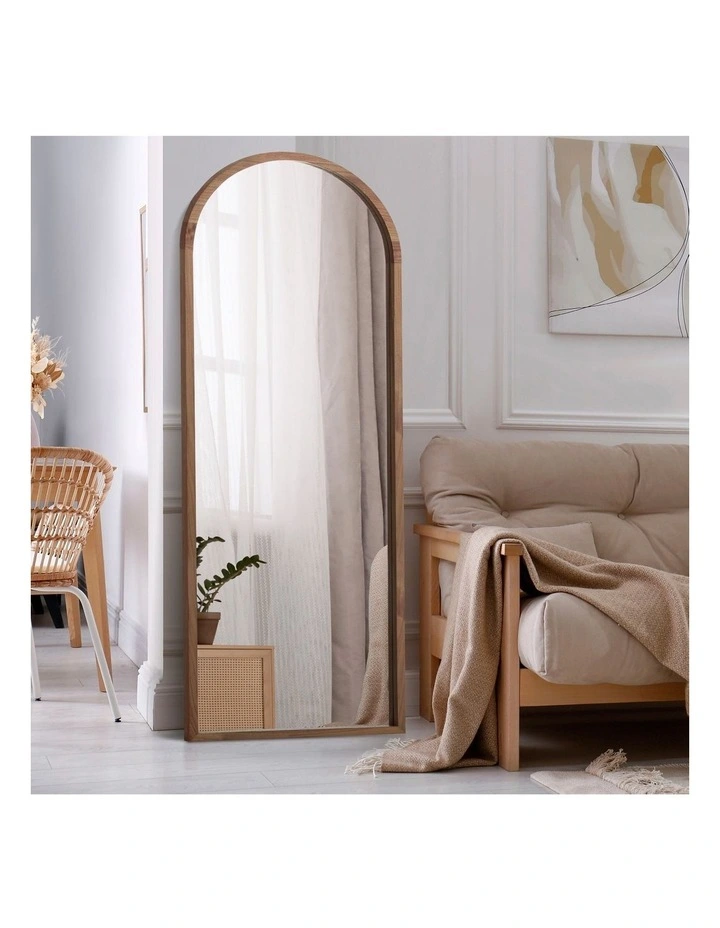 Oikiture Wooden Full Length Mirror 166x60cm Arched Dressing Floor Mirrors Brown image 4