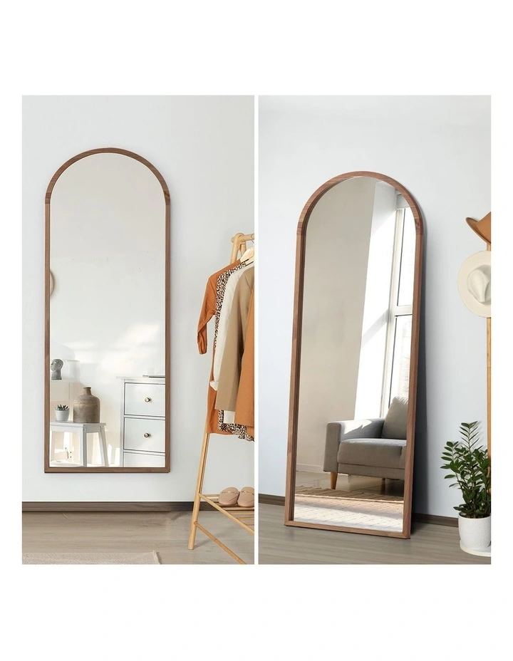 Oikiture Wooden Full Length Mirror 166x60cm Arched Dressing Floor Mirrors Brown image 6
