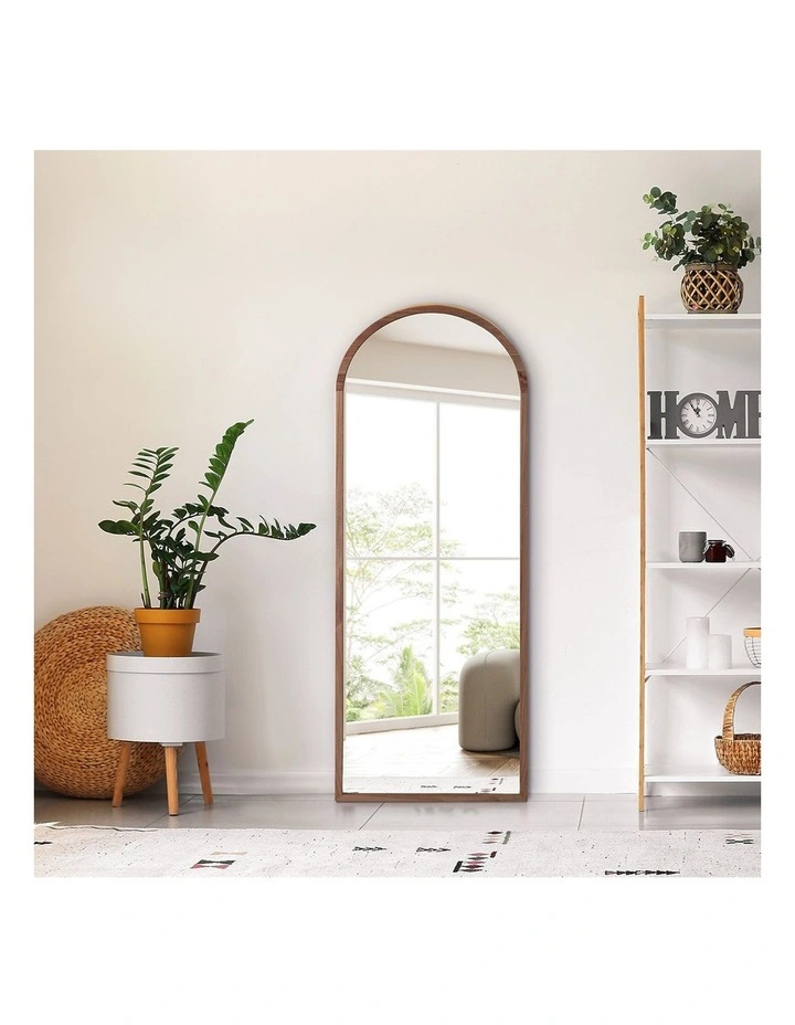 Oikiture Wooden Full Length Mirror 166x60cm Arched Dressing Floor Mirrors Brown image 7