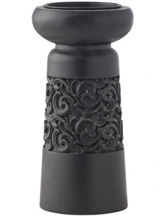 Willow & Silk Vintage 23.5cm Black Wooden Carved Pillar Candle Holder
