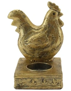 Willow & Silk Tealight Candle Holder Rooster Resin 14cm Antique Gold