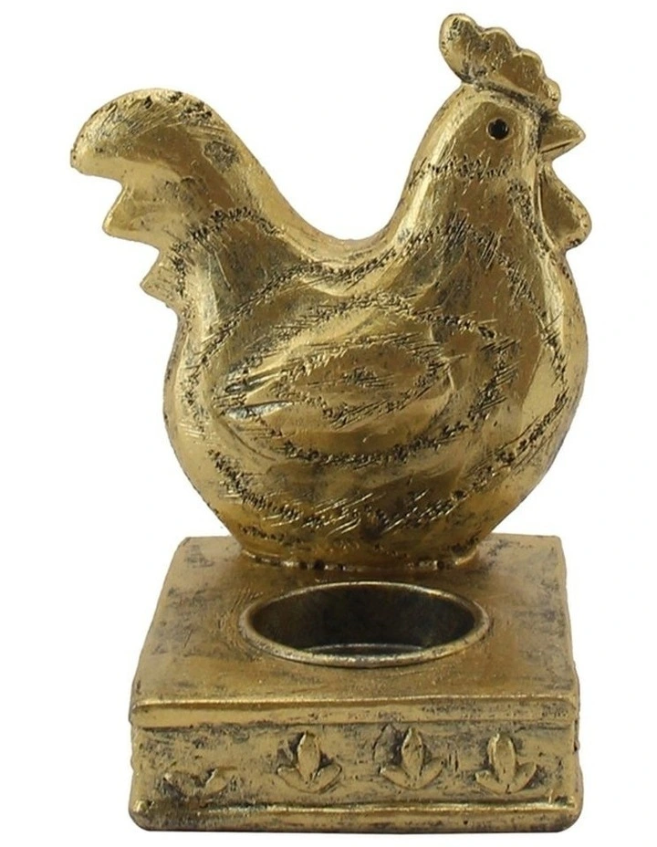 Willow & Silk Tealight Candle Holder Rooster Resin 14cm Antique Gold image 1