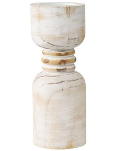 Willow & Silk Handmade Wooden 30cm Carved Whitewash Pillar Candle Holder