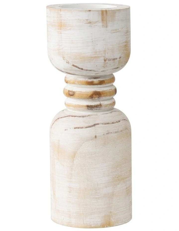 Willow & Silk Handmade Wooden 30cm Carved Whitewash Pillar Candle Holder image 1