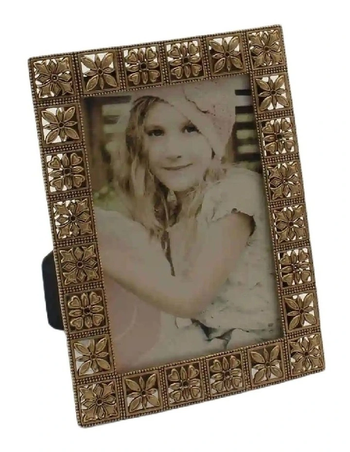 Willow & Silk Photo Frame Flower Squares Alloy/MDF 18cm Antique Gold image 1