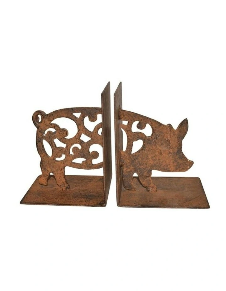 Willow & Silk Cast Iron Fleur Pig Bookends Set 9x11x14cm image 2