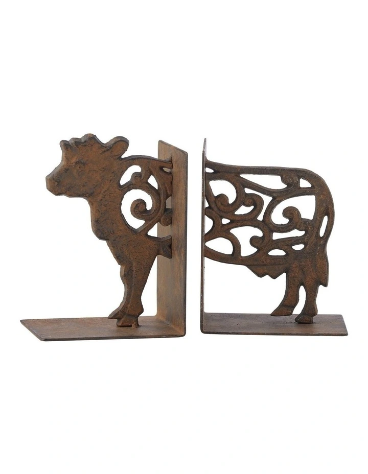 Willow & Silk Cast Iron Fleur Cow Bookends Set 9x11.5x15cm image 1