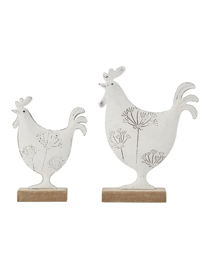 Willow & Silk Set of 2 White 19cm/14.5cm Dad & Son Roosters Ornament image 1