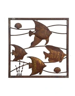 Willow & Silk Metal 50cm Rustic Square Fish School Wall Art